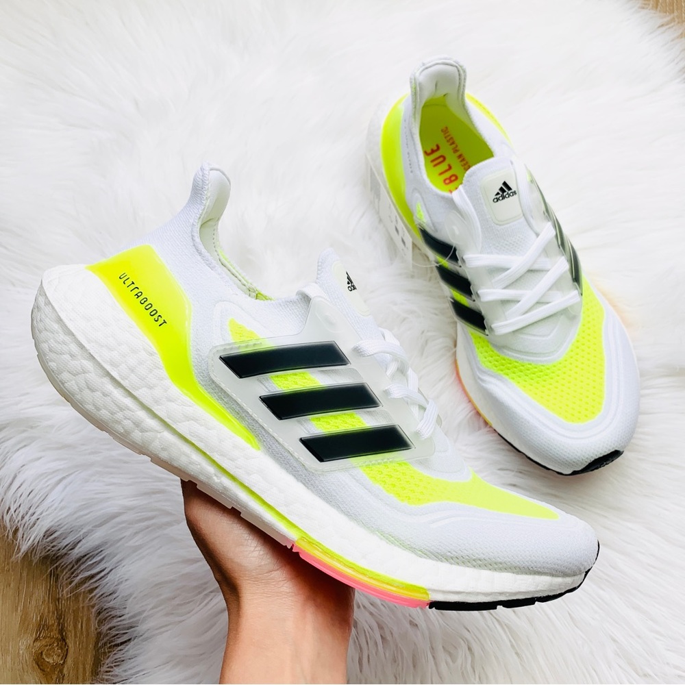 Adidas Ultraboost 21 White Black Solar Yellow Running Shoes FY0377